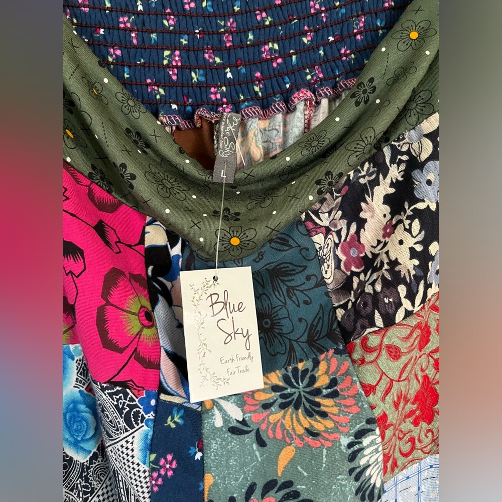 NWT Blue Sky Patchwork Hippie Bell Pull on elastic pants multi color pattern L - Picture 5 of 6